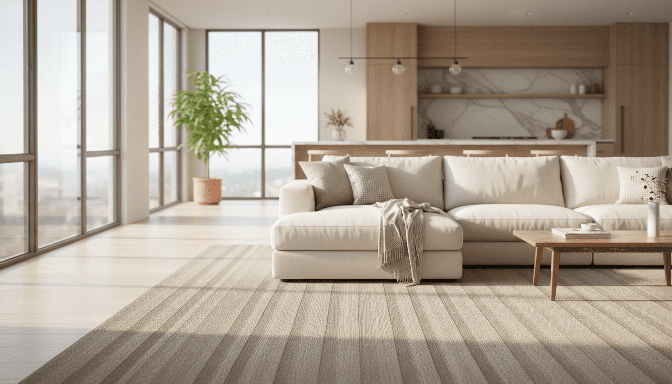 Bright freshly cleaned living room with sunlight streaming through windows