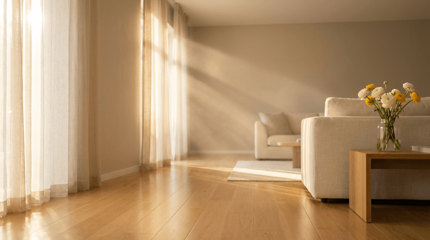 Bright, airy aesthetic wide shot of a freshly cleaned modern living room with sunlight streaming through large windows