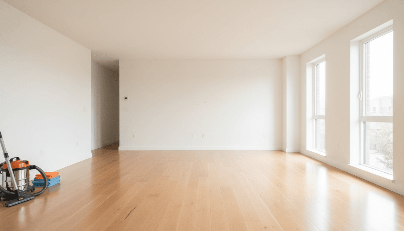 Sunlit living room cleaned and ready for guests