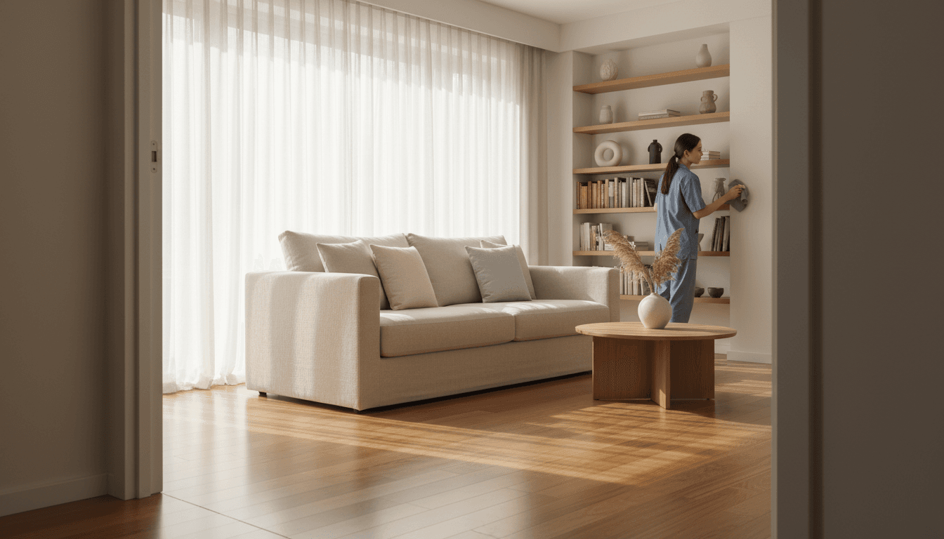 Cleaner wiping a wooden coffee table in a bright living room