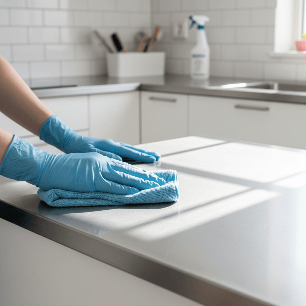 Professional cleaner's gloved hands wiping stainless steel kitchen counter with microfiber cloth, sunlit modern kitchen